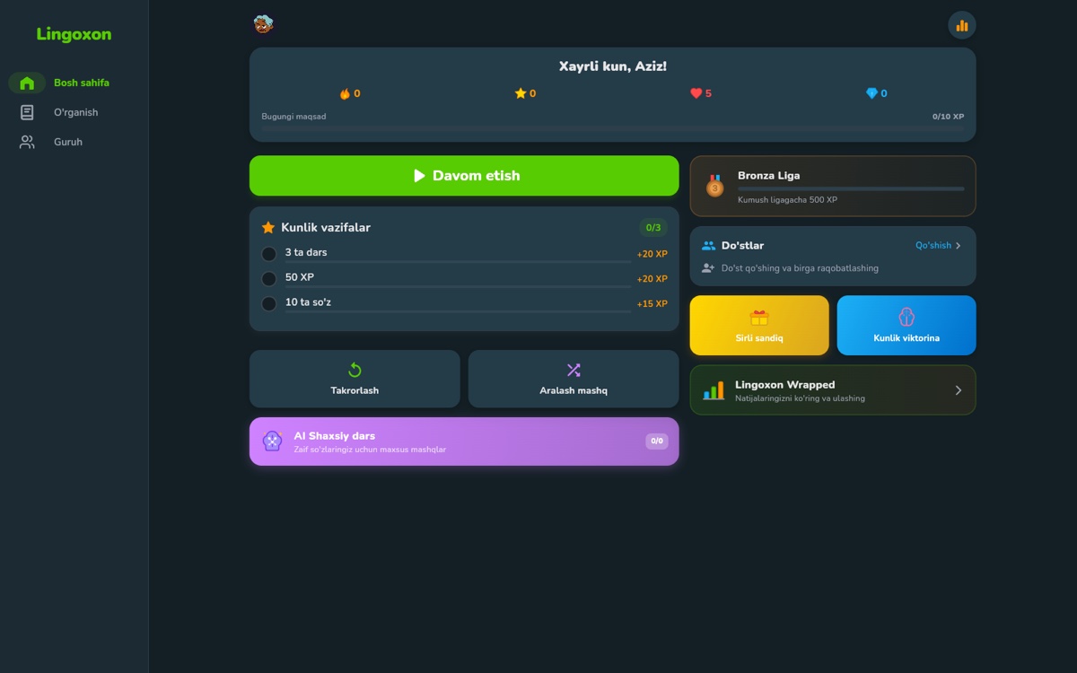 Lingoxon web-ilova — bosh sahifa